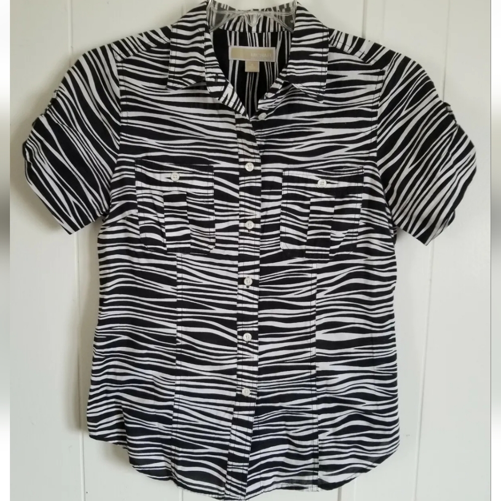 MICHAEL KORS SIZE XL BLACK WHITE STRIPED BUTTON UP SHORT SLEEVES WOMEN'S SHIRT